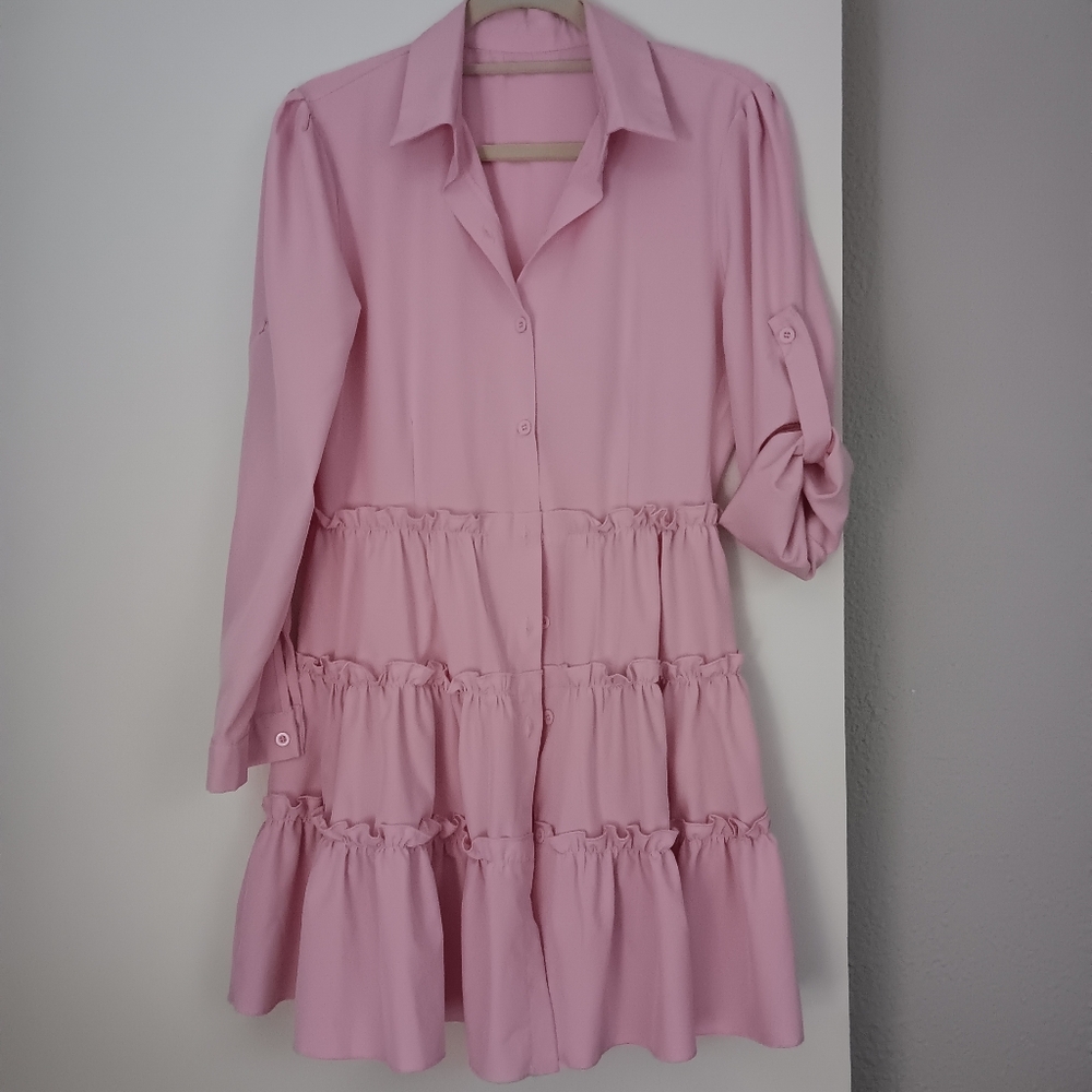 Pink Ruffle Button-Up Dress M - Picture 5 of 5